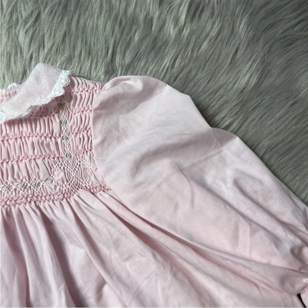 Vintage Polly Flinders Girls Pink White Smocked Ruffle Lace Dress